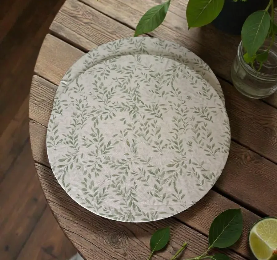 Capa para sousplat em MDF tecido 100% algodão | Sousplat estampa folhas verdes